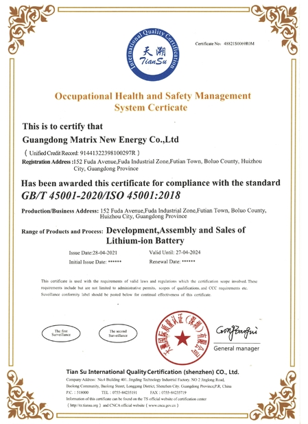 Porcellana GUANGDONG MATRIX NEW ENERGY CO.,LTD Certificazioni